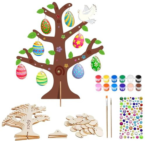 sizzlepop 6 Stück Oster-Bastelarbeiten für Kinder, Baum Windspiel Bastelset Kinder,12 Arten von Pigmenten, DIY Holz Basteln Kreativsets für Mädchen Junge Kindergeburtstag Bastelarbeiten