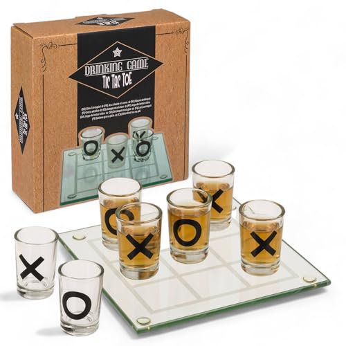 MIJOMA Trinkspiel Tic Tac Toe - Lustiges Party-Spiel mit 9 Shot-Gläsern, Glas-Spielbrett in 2 Größen, Kreis & Kreuz Designs, Spaßgarant für Freunde & Familie (13x13 cm)
