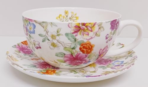 Rainbow Decors Oriental Garden Cup and Saucer Fine Bone China 300 ml Cappuccino Vintage Floral Flowers Set Hand Decorated in UK
