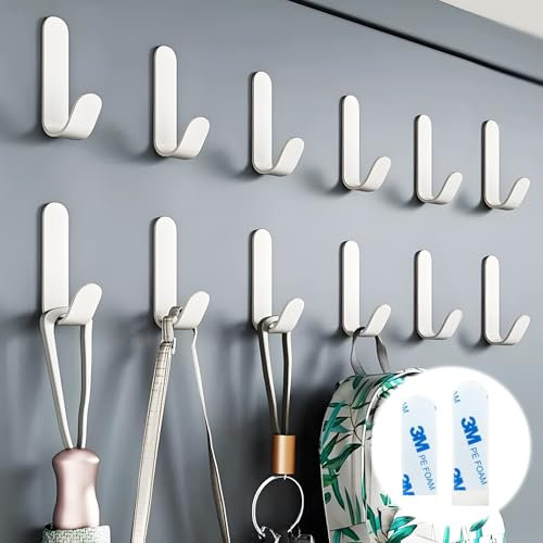 12 Pcs Stainless Steel Self Adhesive Wall Hooks - Extra Strong Black Door Hooks, No Nails, Stick On, Heavy Duty Small Sticky for Kitchen Bathroom, White