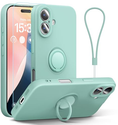 abitku for iPhone 16 Case with Ring Stand, Liquid Silicone Slim Design Support Magnetic Car Mount (with Wrist Strap Lanyard) Phone Cover for iPhone 16 6.1 inch (Mint)