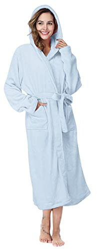 Women's Bathrobe with Hood, Long, Dressing Gown, Fluffy Sauna Bathrobe, Cotton Bathrobe with Long Belt, Lightweight Sauna Dressing Gown Comfortable Sauna Coat, Terry Towelling Coat, Negligee, House