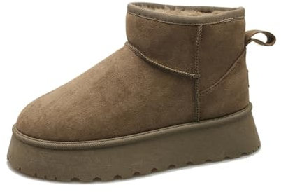 RKK Women's Ultra Mini Platform Boots Classic Short Ankle Boot Warm Fur Lined Snow Boots Anti-Slip Winter Boots for Outdoor(Khaki,36)