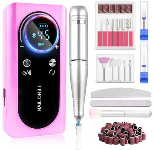 LEDSUUEI Electric Nail File 45000RPM: Professional Rechargeable Nail Drill for Acrylic Nails Gel Polishing Removing Adjustable Speed Nail Drill Machine, Manicure Pedicure E File Kit for Home Salon