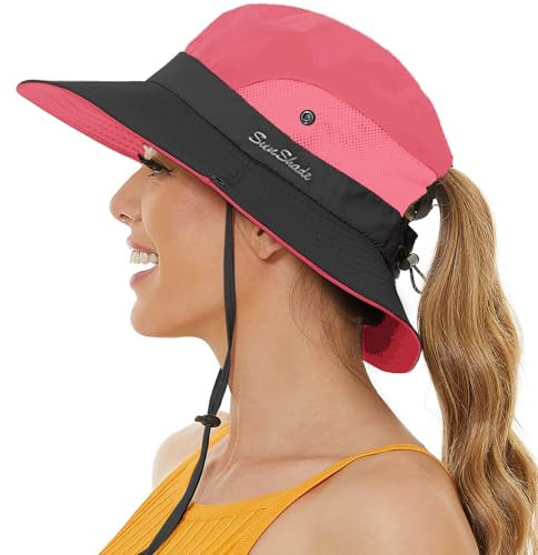 crazy bean Sonnenhut Damen Faltbar Boonie Hat Mesh Wanderhut mit Breite Krempe Safari Hut mit Pferdeschwanzloch Outdoor Fischerhut Buschhut Rot