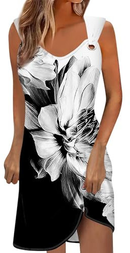 Mes Commandes, Robe Boheme Chic, Robe Femme Ete, Robe Grande Taille Fleurie Femme sans Manches Robe Coton Col Rond Femme Pas Cher Marque Robe Blanc S