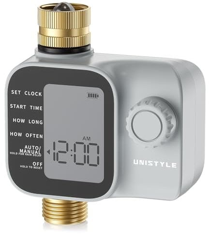 Unistyle Ordenador de riego, reloj de riego con entrada y salida de latón industrial, fácil de configurar, modo automático/manual/de retardo para riego, temporizador de agua y jardín