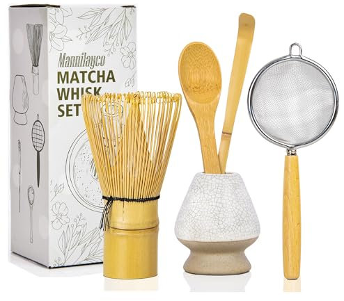 Mannilayco Bamboo Matcha Whisk Set, Matcha Whisk, Whisk Holder,Sifter,Tea Scoop and Tea Spoon