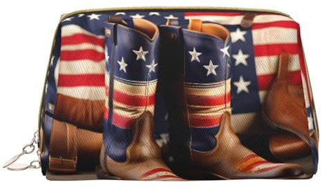 Longzehao US Flag Cowboy Boots Leather Makeup Bag with Zipper - White, One Size, white, One Size