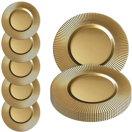 Event Decor Shop Gold Ribbed Edge Charger Plates – 33cm Elegant Polypropylene Underplates for Weddings, Parties, Anniversary, Birthday, Tableware, Catering Events & Special Events - Set of 12