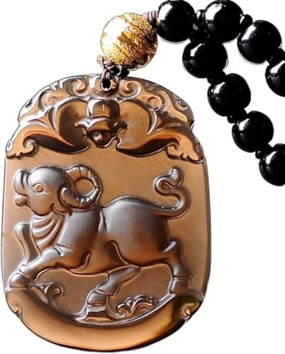 GUHPZA Halskette, Feng Shui Obsidian Halskette Chinesische Tierkreiszeichen Tier Anhänger Halskette Feng Shui Halskette Für Frauen Amulett Reichtum Gute Kristall Hals,Cow