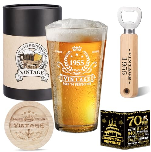 Cadeau Homme 70 Ans, 70 Ans Anniversaire Homme 1955 Vintage Verre à Bière, Ouvre - Bouteille en bois, Boîte à Bière Vintage, Sous - Verres En Bois, 70° Carte De Voeux Et Affiche Carte d'Anniversaire