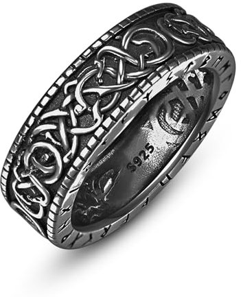 ADMETUS 925 Silber Wikinger Ringe Herren Schwarz Nordische Ring Wikinger Schmuck Geschenke für Herren Männer Ringe Größe 57