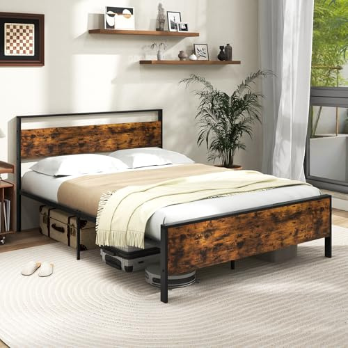 LIFEZEAL Metallbett 200 x 140 cm, Doppelbett Industriestil mit Kopf- & Fußteil, Plattformbett Bettgestell mit Stauraum unter dem Bett, Kein Boxspring erforderlich, Vintage Braun (208 x 142 x 100,5 cm)