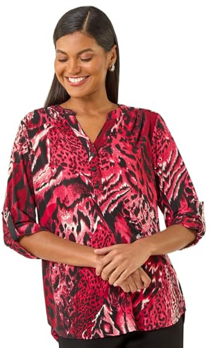 Roman Shirt for Women UK Ladies Top Collarless Blouse Stretchy Tunic Smart Casual Autumn Winter Jersey 3/4 Length Sleeve Notch V Neck Flattering Office Work - Red Multi - Size 20