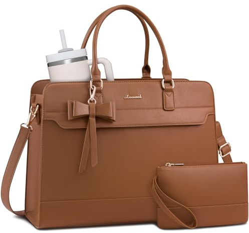 LOVEVOOK Laptop Bags for Women, 15.6 Inch Ladies Handbags Large Work Tote Bags with Compartments, PU Leather Womens Handbag Shoulder Bag for Office School Business Shopping, Brown
