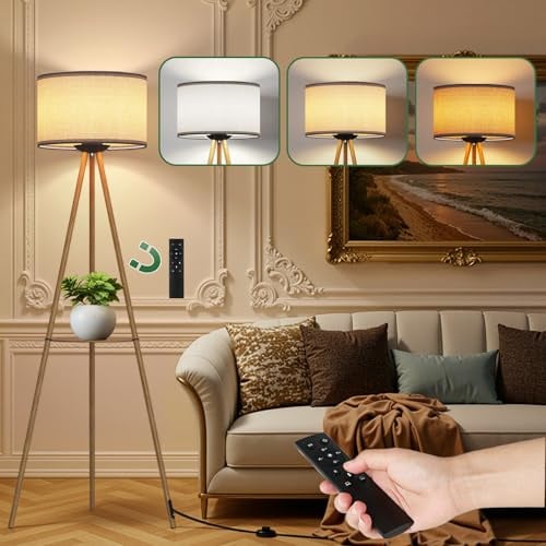 Clevich Dreibein Stehlampe Wohnzimmer mit Regal, Stehleuchte Dimmbar, 3 Farbtemperatur, mit Fernbedienung & E27 Lampe, Stativ Standleuchte mit Grau Lampenschirm für Schlafzimmer, Bettseite, Büro
