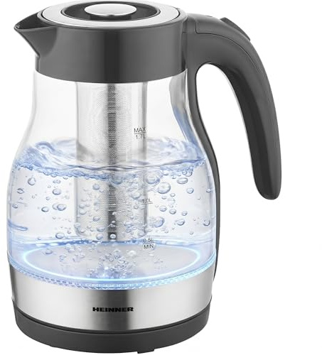 HEINNER HEK-TF2200GBK Elektrischer Wasserkocher 1,7 L, 2200 W Leistung, Glas-Design, LED-Beleuchtung, abnehmbarer Teefilter, Auto-Off & Trockengehschutz, Schwarz, 3 Jahre Garantie