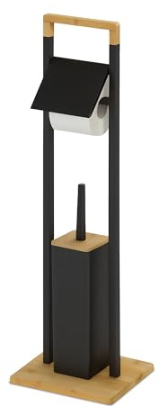 Ensemble WC Relaxdays, Bambou, Porte-Rouleau sur Pied, Brosse WC avec Support, 76,5 x 28 x 18 cm, Noir