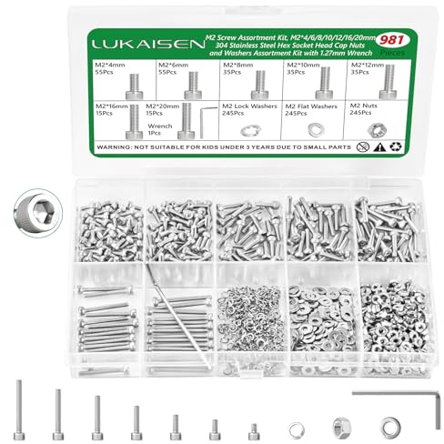 Lukaisen 981 Stk M2 Schrauben Set, Edelstahl 304 Hex 3D-Druck PC Kit | Sechskopf-Knopf Zylinderschrauben mit Innensechskant Gewindeschrauben mit Muttern, , Organisierter Aufbewahrungskoffer