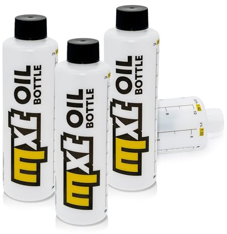 MXT Ölmessbecher Set 2T 250 ml 3 Stück kompatibel mit Motorsägen/Motorrad | Gemisch-Messbecher, Länge 170 mm, Ø 50 mm, Hart-Polyethylen gelb schwarz, Mischskalen kompatibel mit Motorroller/Rasenmäher