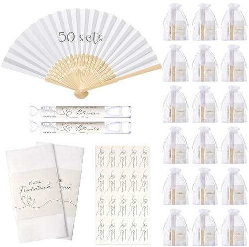 BBTO 50 Sets Gastgeschenk für Hochzeit Fächer Hochzeit Seifenblasen Freudentränen Taschentücher Seifenblasen Aufkleber mit Organzabeutel für Hochzeitsgäste Geburtstag Party Geschenk Tischdeko