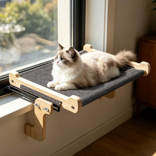 Cat Window Hammock for Large Cats & Kittens, Cat Window Bed, Tool-Free | Cat Desk Bed with 20KG Weight Capacity, All-Season Linen Cats Bed, Window Sills, Sunrooms & Bedrooms, Indoor & Outdoor