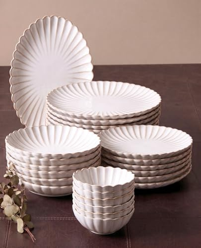 Geschirrset 25-teilig aus Porzellan für 6 Personen – BRICARD Paris Beige – Tafelservice mit Speiseteller, Dessertteller, Tiefe Teller und Suppenschalen – Spülmaschinen-, Mikrowellen- und Ofenfest