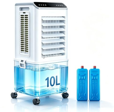 Enfriador de Aire Evaporativo, Aire Acondicionado Portátil Tipo Pantano, 3 Velocidades, Depósito de Agua de 10L, Temporizador 12H, Oscilación Horizontal 120°, 2 Bolsas de Hielo, Mando a Distancia