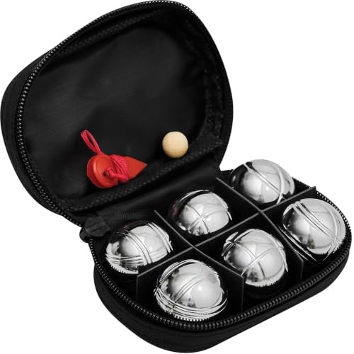noTrash2003 David Mini Boule-set för byxväskan, Mini Boccia & Petanque set med 6 metallkulor Ø 25 mm, träboll, mättråd och dragkedjefodral, rese- och utomhusspel | Fickstorlek