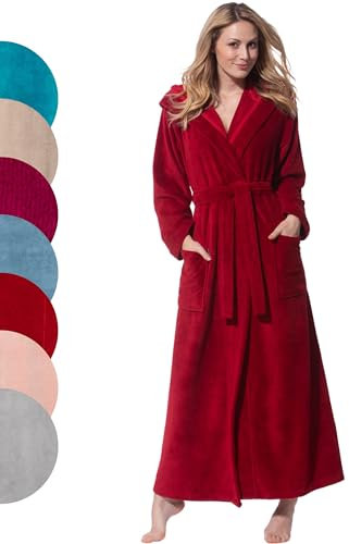 Morgenstern Bademantel Damen mit Kapuze extra lang, Kirschrot, XL