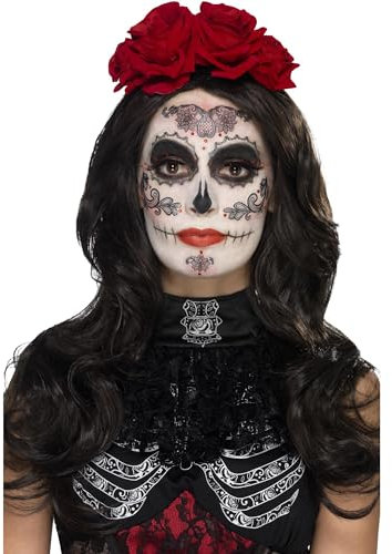 Smiffys Kit de maquillaje de glamour del día de muertos, Aqua, Negro, con transferencias, pintura de cara, pestañas, joyas y aplicador