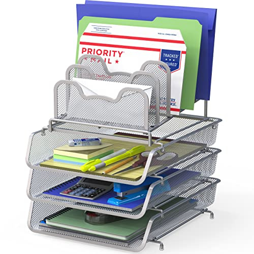 Simple Houseware Stapelbare Schreibtisch-Dokumenten-Briefablage mit 5 Fächern, Organizer, silberfarben, 3 Stück