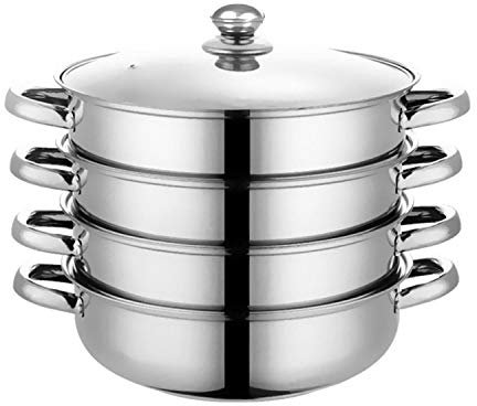 3 or 4 Tier Stainless Steel Steamer Pan Non Stick Base Multi Cooker Pot Set Pan Cook Food and Induction Safe with Lid Dishwasher Safe Space Saving Pan Set (4 Tier)