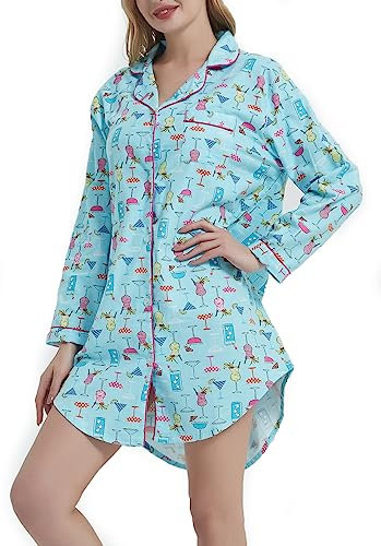 CHUNG Chemise de nuit à manches longues boutonnée pour femme - Chemise de nuit à carreaux - Motif tartan - Flanelle et coton, Cocktail Bleu, M