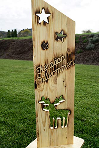 Holz Deko Schild geflammt Herzlich Willkommen Wintermotiv NR22 Elch Winterzeit Türschild