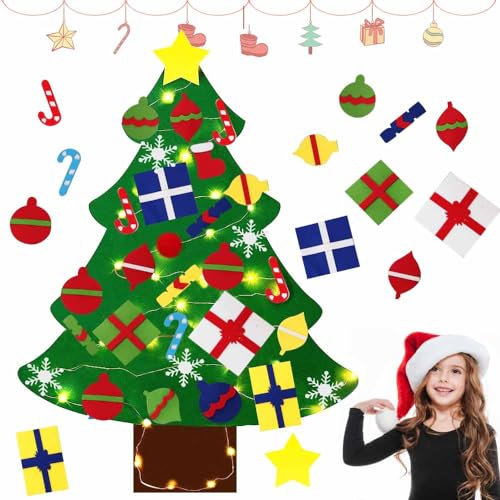 HIQE-FL DIY Albero Natale Feltro,Feltro Albero Natale,Albero di Natale in Feltro per Bambini,Feltolta di DIY con LED Catene LuminoseOrnamenti Staccabili Regali di (A)