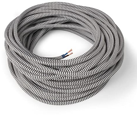 Amarcords - Cavo elettrico tessile colore BIANCO-NERO ZIG-ZAG tondo seta 3 metri a 2 conduttori 2x075 - Filo rivestito in tessuto colorato vintage per lampade lampadari applique e abat jour.