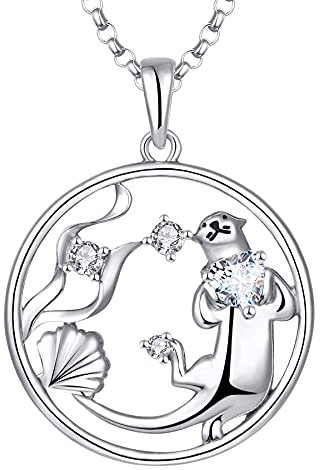 JO WISDOM Damen Kette Otter Herz Silber 925,Halskette Anhänger Seetang Muschel mit 3A Zirkonia,Schmuck für Frauen
