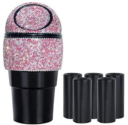 eing Car Trash Can Bling Crystal Auto Mini Trash Bin for Car Office Home Women,Car Cup Holder Garbage Can with Lid and 5 Pack Disposable Garbage Gag, Pink