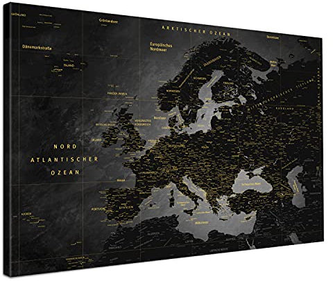 LANA KK - Premium Pinnwand Europakarte - Noir - Deutsch - in 80 x 60 cm, stabile Rückwand zum Pinnen inkl. Starterkit - Leinwand-Kunstdruck Wandbild Landkarte XXL