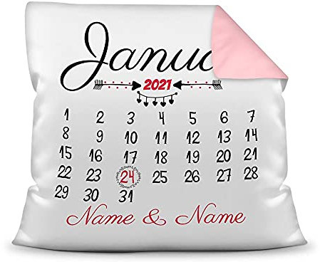 PR Print Royal Kissen Kalender selbst gestalten - mit anpassbarem Jahrestag - mit Namen & Datum Bedrucken - Geschenk Valentinstag, Liebe, Jahrestag, Farbkissen Rückseite Rosa, 40x40 cm