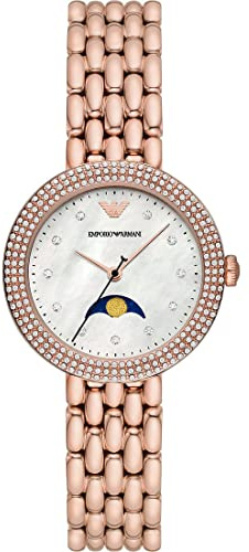 Emporio Armani Damen, Moonphase Edelstahluhr, 32 mm Gehäusegröße mit Edelstahlarmband