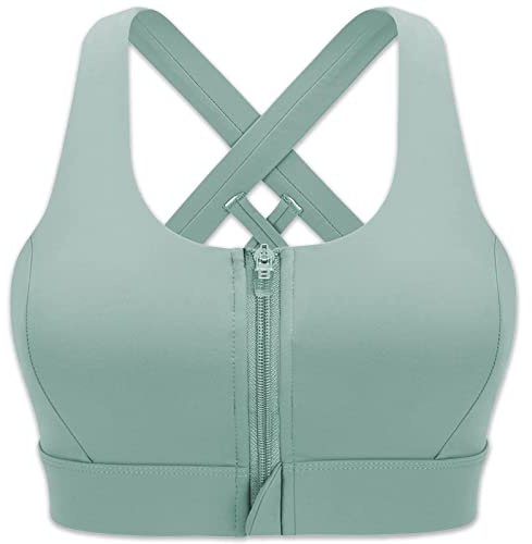 CLOUSPO Women Sports Running Post Surgery Yoga Zip Front Bra High Support Impact Crop Top Padded Cross Back (XL, Green)