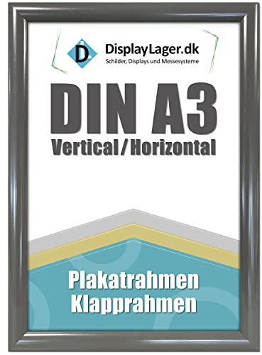 DisplayLager, qualité danoise - Cadre encliquetable A3 gris anthracite avec profil en aluminium de 25 mm, vitre de protection antireflet, matériel de fixation