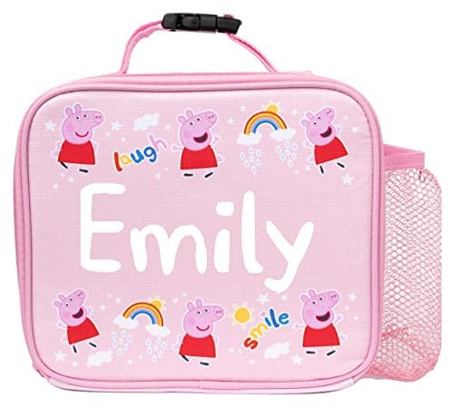 Peppa Pig - Lonchera para niños, diseño de Peppa personalizable, contenedor grande + soporte para botellas, asa de transporte, lonchera térmica para niños