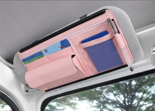 Qric Car Sun Visor Organizer, Leather Storage Pocket Sun Visor Pouch for Cards License Registration Pen Glasses Document, Fits Most Car SUV, Truck, Auto Interior Accessories for Men Women (Pink)