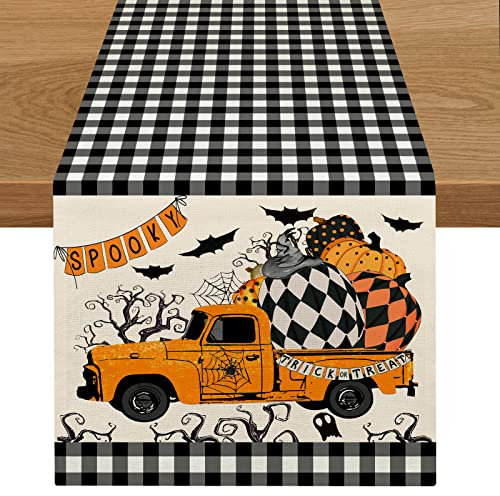 Halloween Buffalo Plaid Truck Tischläufer 183 cm lang Esstisch Dekoration für Küche Urlaub Hochzeit Party Indoor Outdoor Dekor