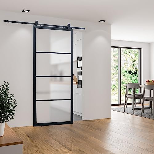 inova Glas-Schiebetür Komplettset satiniert 900x2150mm Industriestil schwarz offene Laufschiene beidseitiger Softclose