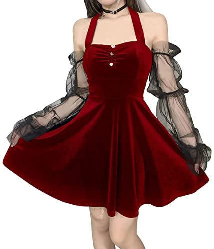 DINGJIUYAN Goth Retro Lace Lantern Long Sleeve Hollow Out Halter Red Dress XL